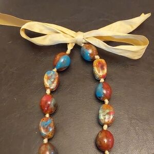 Colorful Ceramic Beaded Necklace with Ribbon